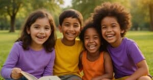 Niños de diferentes razas jugando en el parque con ropa colorida, representando los colores moda infantil 2025 para el verano.