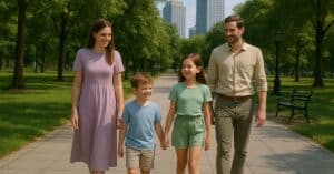 Una familia moderna compuesta por madre, padre, hija e hijo camina junta por un parque urbano en un día soleado. Los cuatro están vestidos con ropa en tonos pastel y tierra, reflejando las tendencias de moda de 2025. La madre lleva un vestido lavanda, el padre viste camisa beige y pantalones verde oliva, la niña luce un conjunto verde menta y el niño lleva una camiseta azul cielo con pantalones cortos beige. Se muestran sonrientes y conectados mientras pasean por un sendero rodeado de árboles y bancos, con edificios altos al fondo.