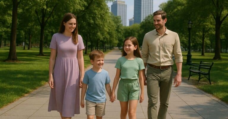 Una Familia Moderna Compuesta Por Madre, Padre, Hija E Hijo Camina Junta Por Un Parque Urbano En Un Día Soleado. Los Cuatro Están Vestidos Con Ropa En Tonos Pastel Y Tierra, Reflejando Las Tendencias De Moda De 2025. La Madre Lleva Un Vestido Lavanda, El Padre Viste Camisa Beige Y Pantalones Verde Oliva, La Niña Luce Un Conjunto Verde Menta Y El Niño Lleva Una Camiseta Azul Cielo Con Pantalones Cortos Beige. Se Muestran Sonrientes Y Conectados Mientras Pasean Por Un Sendero Rodeado De Árboles Y Bancos, Con Edificios Altos Al Fondo.