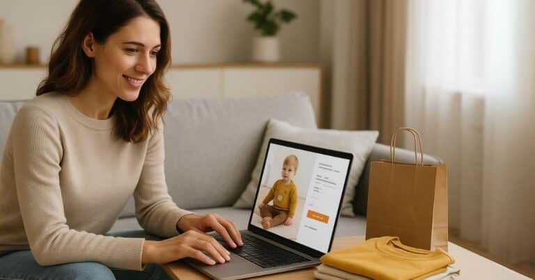 Tienda Onlien De Moda Infantil: Una Madre Joven Compra Ropa Infantil Online Desde Su Portátil En Casa, Mientras Observa La Pantalla Con Imágenes De Niños Vestidos Con Conjuntos Modernos De Ibero Peques.