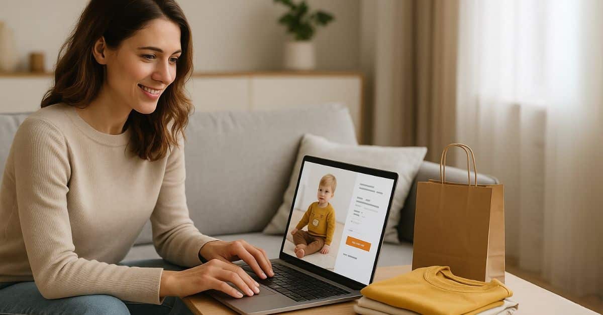 Tienda Onlien De Moda Infantil: Una Madre Joven Compra Ropa Infantil Online Desde Su Portátil En Casa, Mientras Observa La Pantalla Con Imágenes De Niños Vestidos Con Conjuntos Modernos De Ibero Peques.