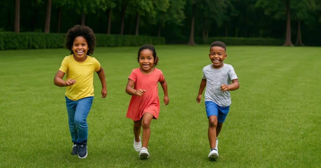 Tres Niños Afrodescendientes Corren Sonrientes Por Un Parque Verde, Vestidos Con Ropa Cómoda Y Colorida, Representando Estilo Y Libertad Infantil.