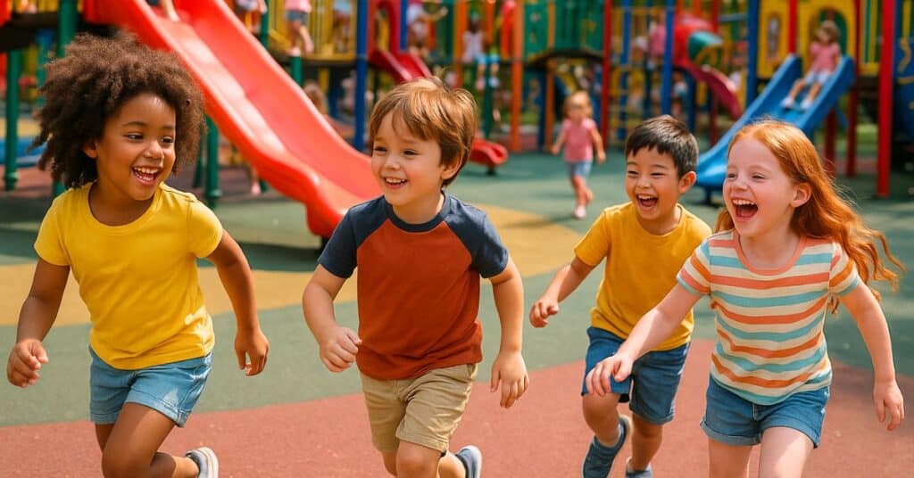 Niños De Diferentes Etnias Jugando Alegres En Un Parque Infantil De Verano, Vistiendo Ropa Cómoda Para El Verano Como Camisetas Ligeras Y Pantalones Cortos Coloridos.