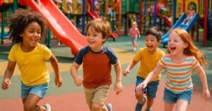 Niños de diferentes etnias jugando alegres en un parque infantil de verano, vistiendo ropa cómoda para el verano como camisetas ligeras y pantalones cortos coloridos.
