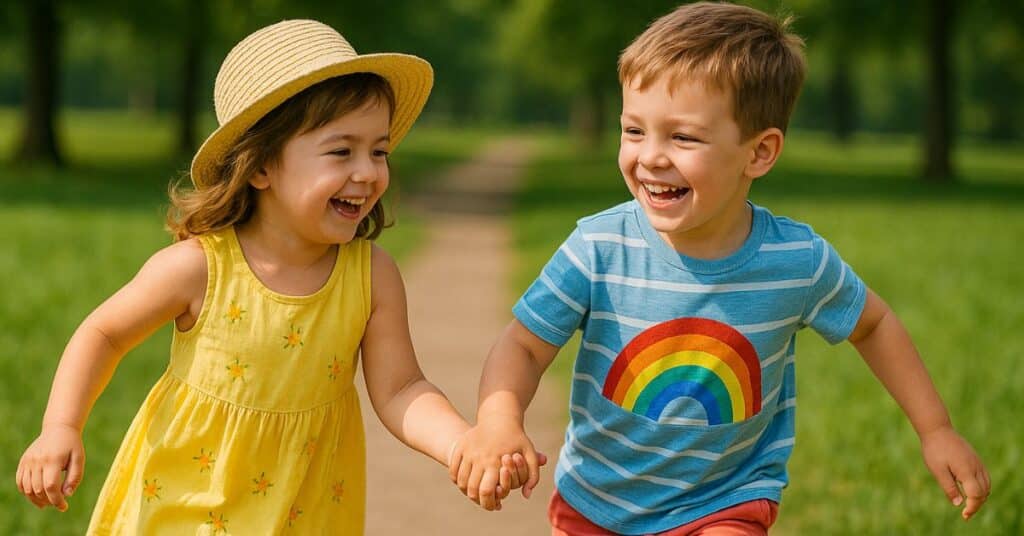Niña Y Niño Pequeños Jugando Felices Al Aire Libre Con Ropa De Verano Para Niños, En Un Parque Soleado, Ella Con Vestido Amarillo Y Él Con Camiseta De Arcoíris.