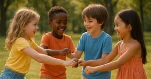 Cuatro niños de diferentes etnias juegan alegres tomados de las manos en un parque soleado, luciendo ropa de verano para niños en colores vivos y cómodos.