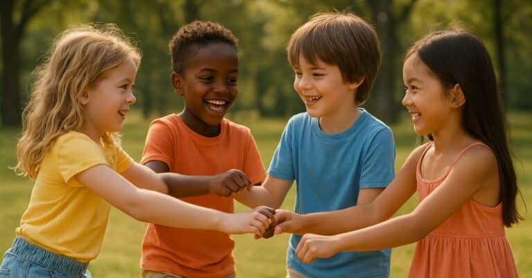 Cuatro Niños De Diferentes Etnias Juegan Alegres Tomados De Las Manos En Un Parque Soleado, Luciendo Ropa De Verano Para Niños En Colores Vivos Y Cómodos.
