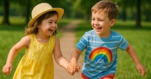 Niña y niño pequeños jugando felices al aire libre con ropa de verano para niños, en un parque soleado, ella con vestido amarillo y él con camiseta de arcoíris.