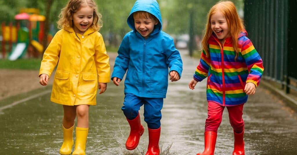Tres Niños Sonrientes Con Ropa Impermeable Infantil Colorida Y Botas De Lluvia, Jugando Y Chapoteando En Un Charco Durante Un Día Lluvioso En El Parque.