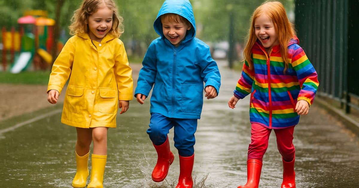 Tres Niños Sonrientes Con Ropa Impermeable Infantil Colorida Y Botas De Lluvia, Jugando Y Chapoteando En Un Charco Durante Un Día Lluvioso En El Parque.