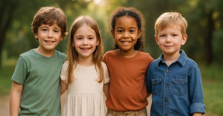 Cuatro Niños Sonrientes De Diferentes Etnias Posan Juntos En Un Parque Soleado, Vistiendo Ropa Cómoda Y Colorida, Representando El Vínculo Entre Ropa Infantil Y Autoestima.