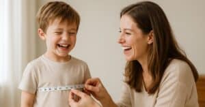 Madre sonriente mide el pecho de su hijo pequeño con una cinta métrica mientras él ríe con las manos firmes, ilustrando el proceso de elegir talla ropa infantil con ternura y precisión.