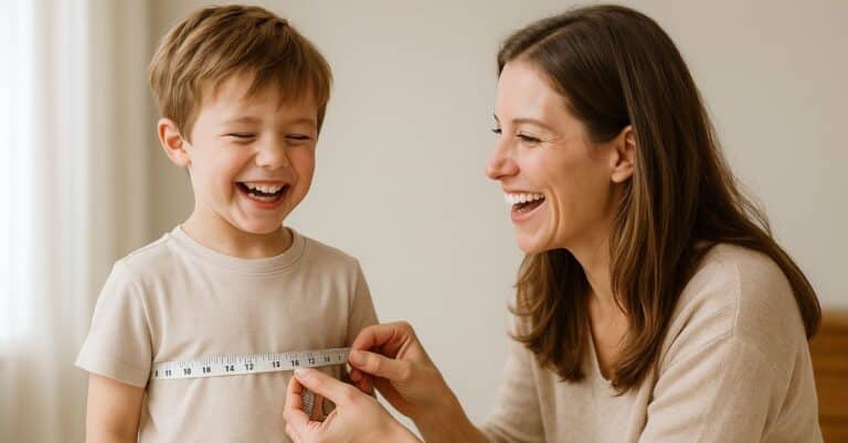 Madre Sonriente Mide El Pecho De Su Hijo Pequeño Con Una Cinta Métrica Mientras Él Ríe Con Las Manos Firmes, Ilustrando El Proceso De Elegir Talla Ropa Infantil Con Ternura Y Precisión.