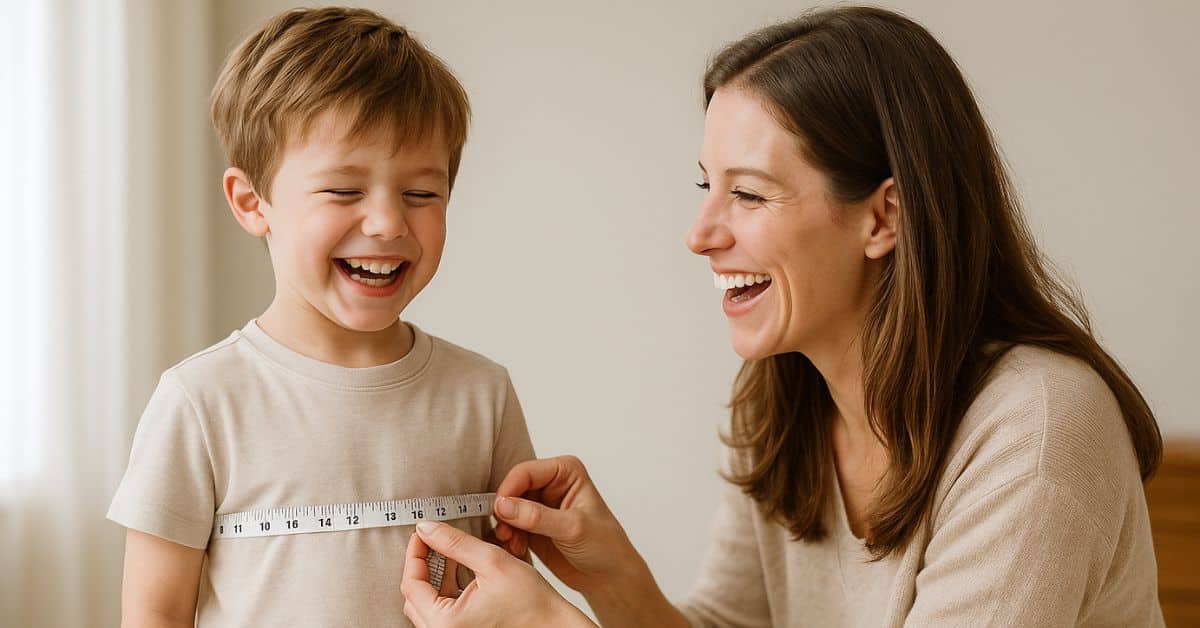 Madre Sonriente Mide El Pecho De Su Hijo Pequeño Con Una Cinta Métrica Mientras Él Ríe Con Las Manos Firmes, Ilustrando El Proceso De Elegir Talla Ropa Infantil Con Ternura Y Precisión.