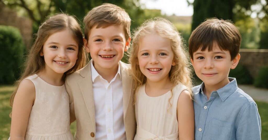 Cuatro Niños Vestidos Con Ropa Elegante Posan Sonrientes En Un Jardín, Luciendo Looks Especiales Para Momentos Inolvidables Como Bodas, Bautizos Y Celebraciones.