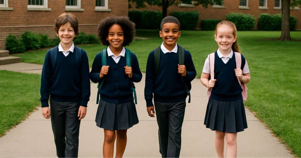 Cuatro Niños Con Uniforme Escolar Caminan Sonrientes Por Un Sendero Frente A Una Escuela De Ladrillo, Con Mochilas En La Espalda Y Rodeados De Césped Y Árboles.